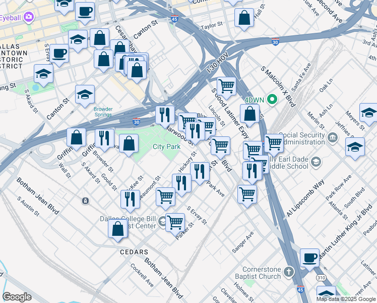 map of restaurants, bars, coffee shops, grocery stores, and more near 1830 Park Avenue in Dallas