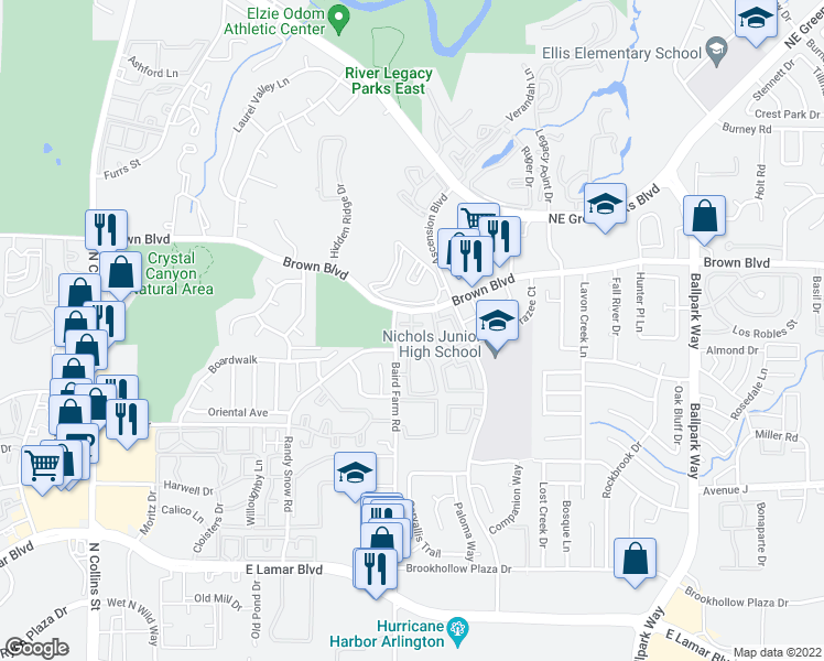 map of restaurants, bars, coffee shops, grocery stores, and more near 1704 Big Sur Drive in Arlington