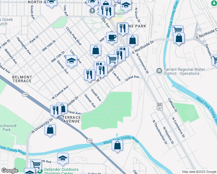 map of restaurants, bars, coffee shops, grocery stores, and more near 1201 Circle Park Boulevard in Fort Worth
