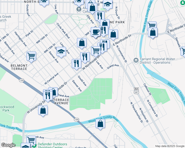 map of restaurants, bars, coffee shops, grocery stores, and more near 1201 Circle Park Boulevard in Fort Worth