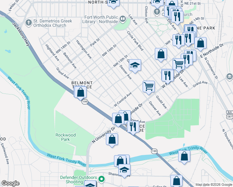 map of restaurants, bars, coffee shops, grocery stores, and more near 1410 Homan Avenue in Fort Worth