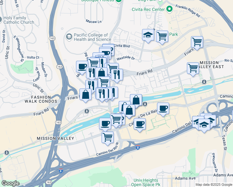 map of restaurants, bars, coffee shops, grocery stores, and more near 5333 Mission Center Road in San Diego