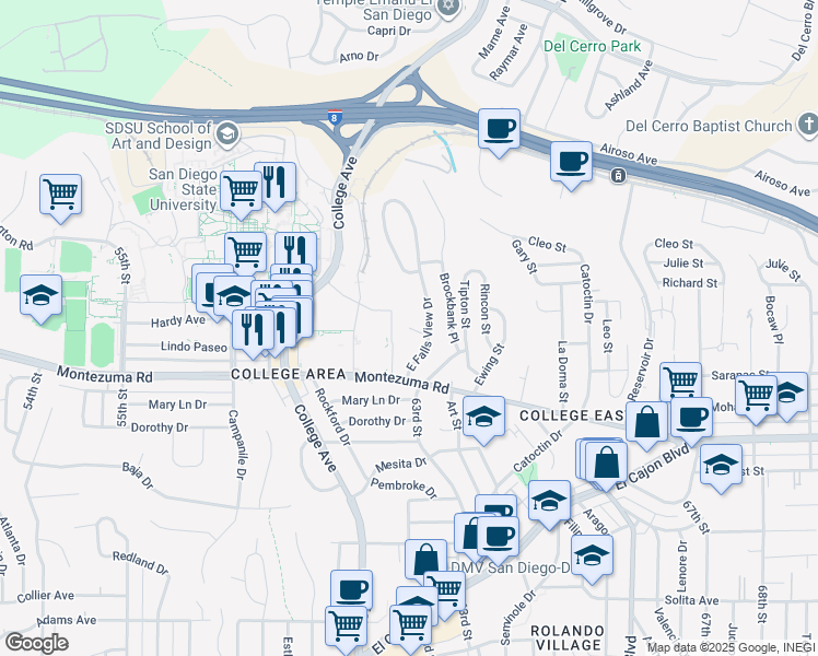 map of restaurants, bars, coffee shops, grocery stores, and more near 5136 East Falls View Drive in San Diego