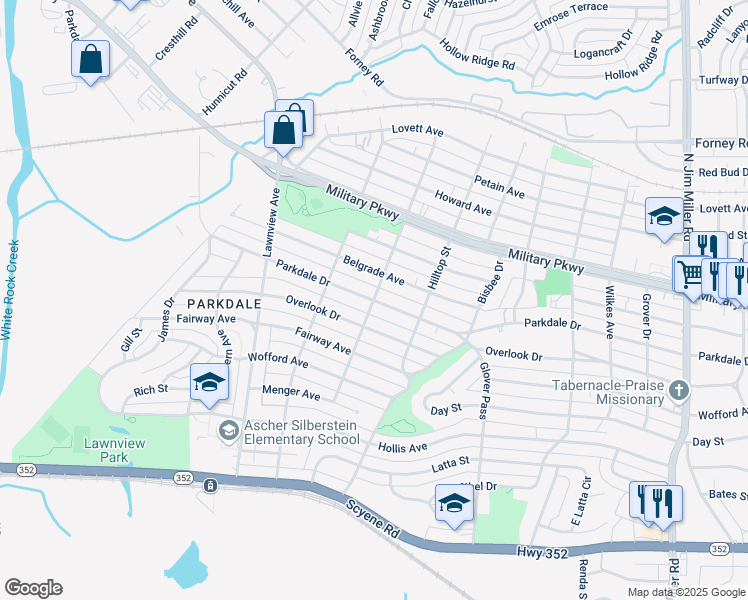 map of restaurants, bars, coffee shops, grocery stores, and more near Parkdale Drive in Dallas