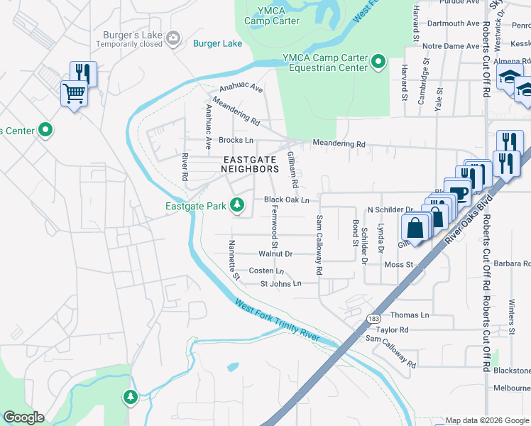 map of restaurants, bars, coffee shops, grocery stores, and more near 6105 Douglas Street in Fort Worth