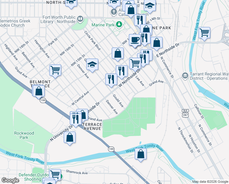 map of restaurants, bars, coffee shops, grocery stores, and more near 1236 Gould Avenue in Fort Worth