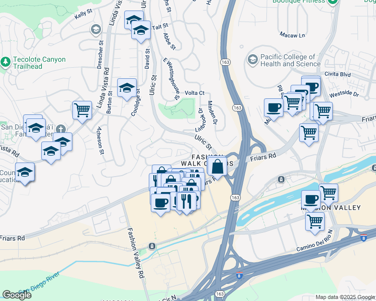 map of restaurants, bars, coffee shops, grocery stores, and more near 7224 Camino Degrazia in San Diego