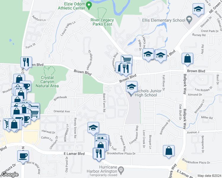 map of restaurants, bars, coffee shops, grocery stores, and more near 1704 Big Sur Drive in Arlington