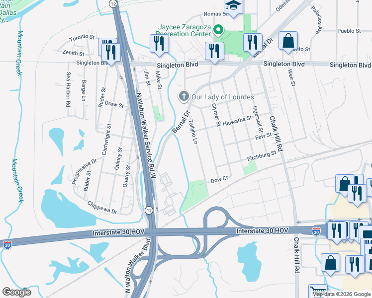map of restaurants, bars, coffee shops, grocery stores, and more near 5727 Few Street in Dallas