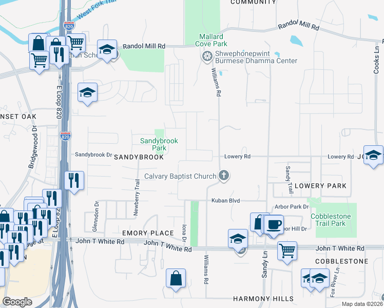 map of restaurants, bars, coffee shops, grocery stores, and more near 608 Williams Road in Fort Worth