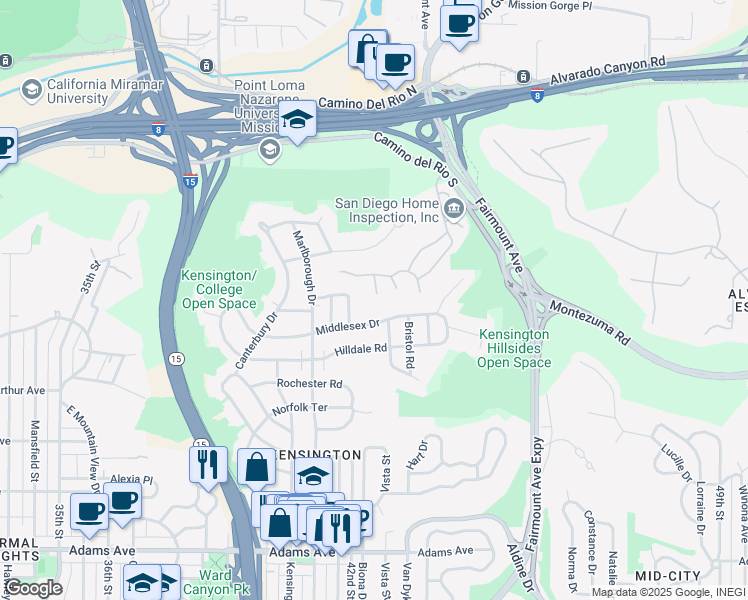 map of restaurants, bars, coffee shops, grocery stores, and more near 5210 Caminito Apartado in San Diego