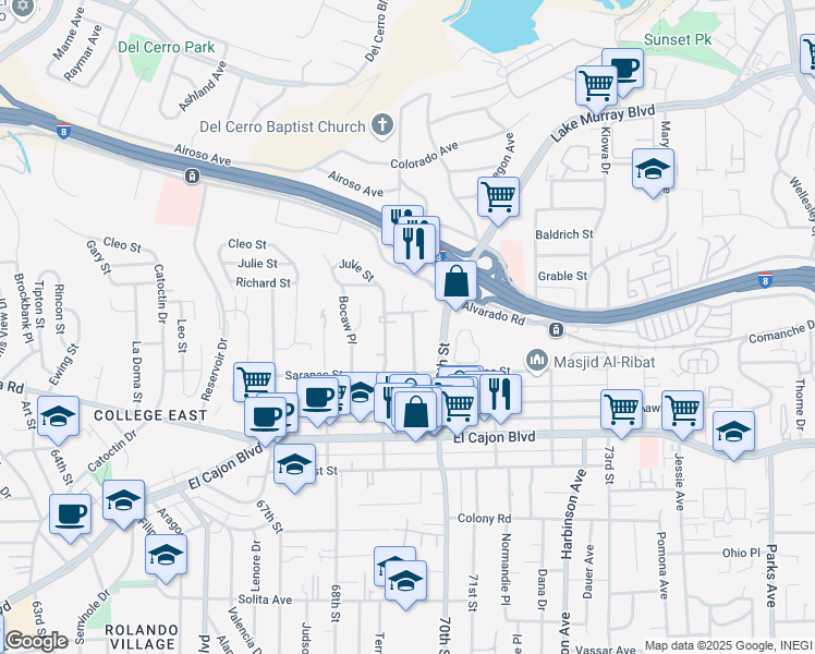 map of restaurants, bars, coffee shops, grocery stores, and more near 5142 Manchester Road in San Diego
