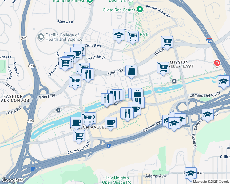 map of restaurants, bars, coffee shops, grocery stores, and more near 8075 Caminito de Pizza in San Diego