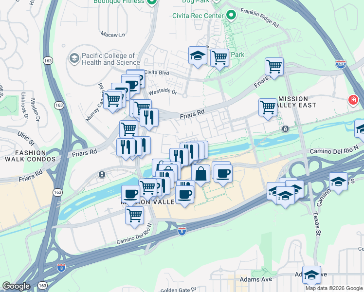 map of restaurants, bars, coffee shops, grocery stores, and more near 1333 Caminito Gabaldon in San Diego