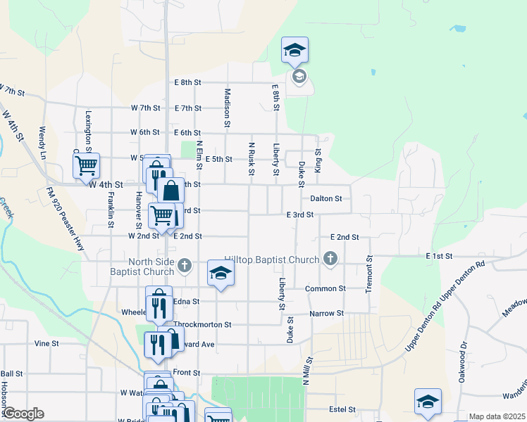 map of restaurants, bars, coffee shops, grocery stores, and more near 1202 Grace Street in Weatherford