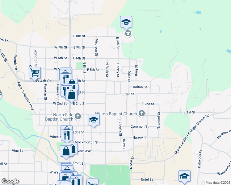 map of restaurants, bars, coffee shops, grocery stores, and more near 1202 Grace Street in Weatherford