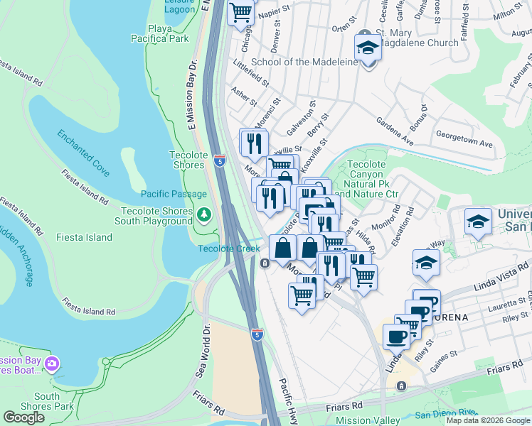 map of restaurants, bars, coffee shops, grocery stores, and more near in San Diego