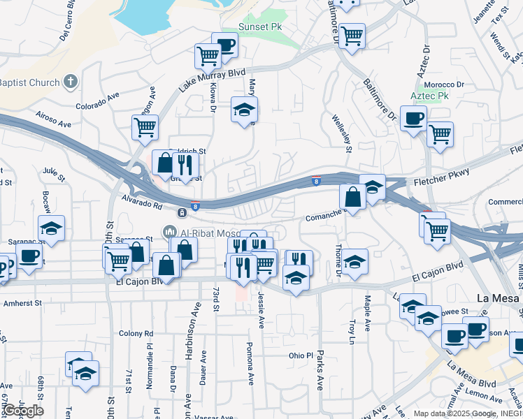 map of restaurants, bars, coffee shops, grocery stores, and more near 24 Colony Drive in La Mesa