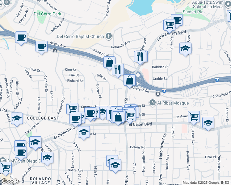 map of restaurants, bars, coffee shops, grocery stores, and more near 5131 Manchester Road in San Diego