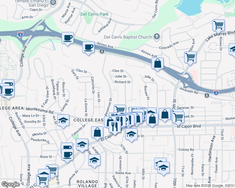 map of restaurants, bars, coffee shops, grocery stores, and more near 5072 67th Street in San Diego