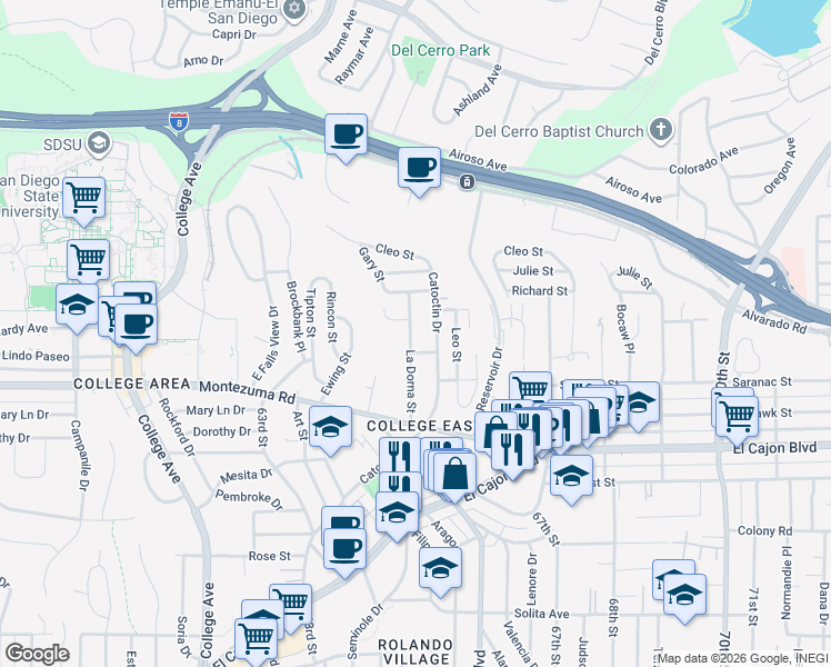 map of restaurants, bars, coffee shops, grocery stores, and more near 5154 Catoctin Drive in San Diego