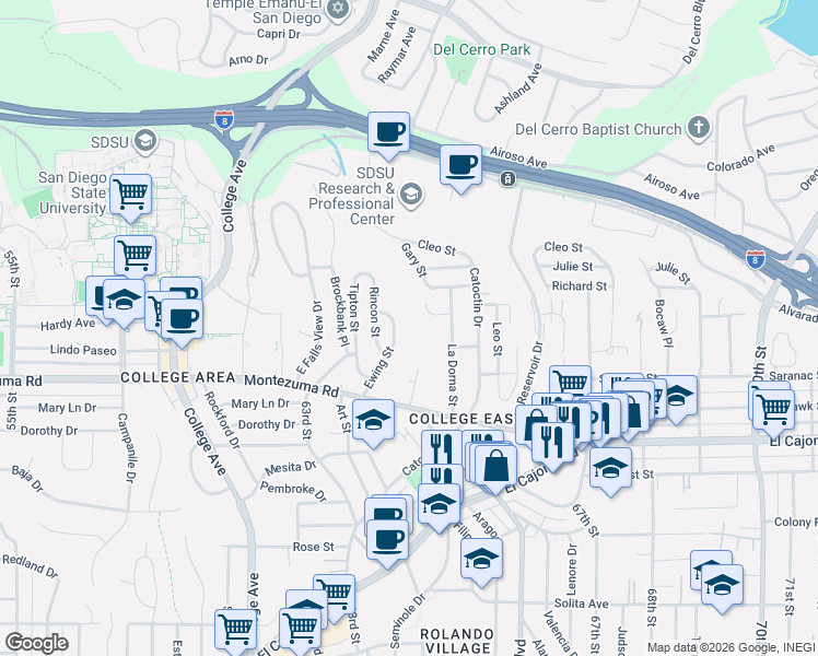 map of restaurants, bars, coffee shops, grocery stores, and more near 5128 La Dorna Street in San Diego