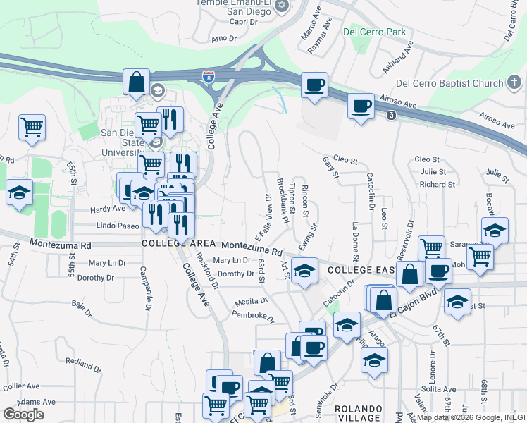 map of restaurants, bars, coffee shops, grocery stores, and more near 5136 East Falls View Drive in San Diego