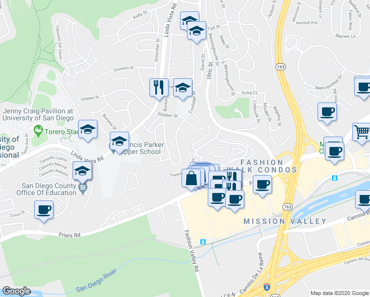 map of restaurants, bars, coffee shops, grocery stores, and more near 1422 Camino Zalce in San Diego
