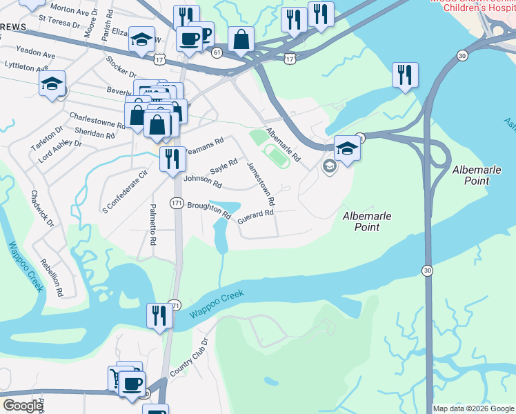 map of restaurants, bars, coffee shops, grocery stores, and more near 11 Guerard Road in Charleston