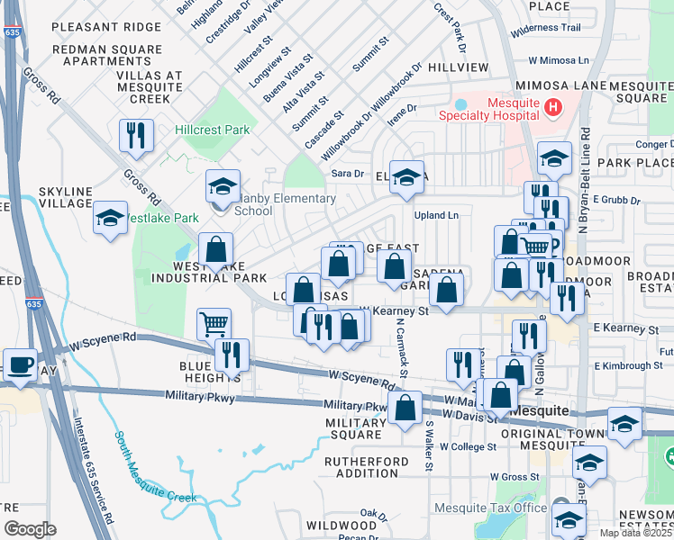 map of restaurants, bars, coffee shops, grocery stores, and more near 717 Lee Street in Mesquite