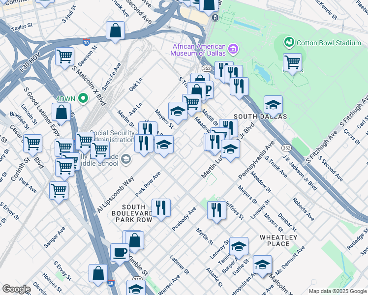 map of restaurants, bars, coffee shops, grocery stores, and more near 2830 Park Row Avenue in Dallas