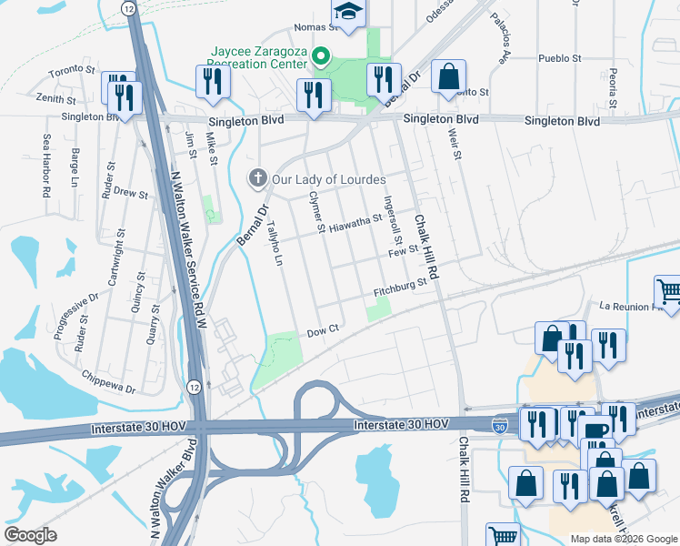 map of restaurants, bars, coffee shops, grocery stores, and more near 2415 Kenesaw Drive in Dallas