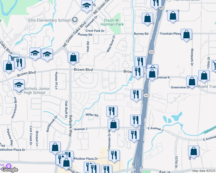 map of restaurants, bars, coffee shops, grocery stores, and more near 2300 Balsam Drive in Arlington