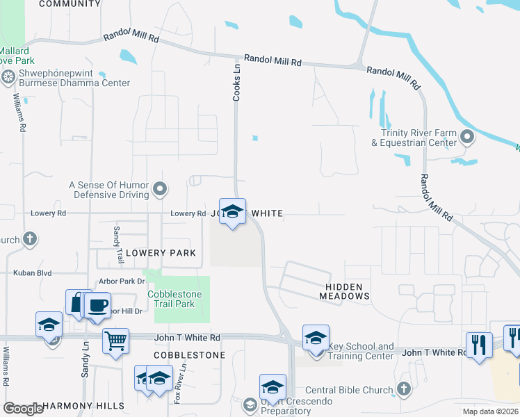map of restaurants, bars, coffee shops, grocery stores, and more near 601 Cooks Lane in Fort Worth