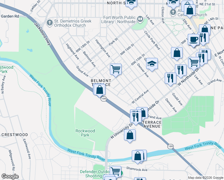 map of restaurants, bars, coffee shops, grocery stores, and more near 1511 Grand Avenue in Fort Worth