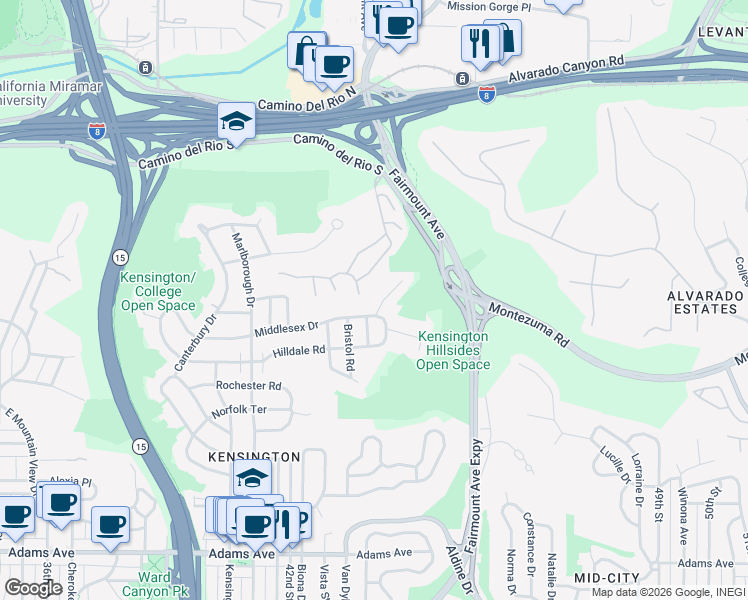 map of restaurants, bars, coffee shops, grocery stores, and more near 4348 Middlesex Drive in San Diego