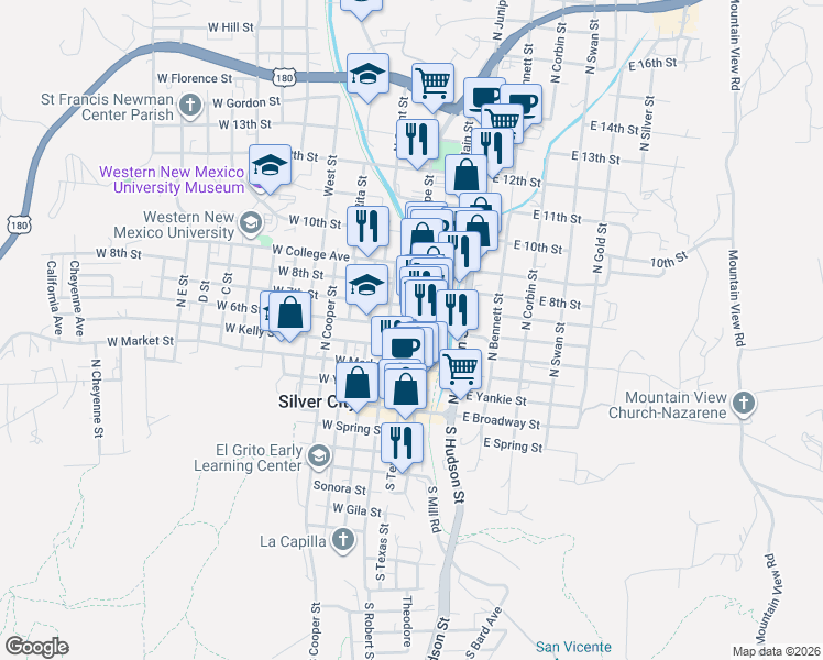 map of restaurants, bars, coffee shops, grocery stores, and more near 600 North Texas Street in Silver City