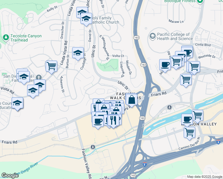 map of restaurants, bars, coffee shops, grocery stores, and more near 7228 Camino Degrazia in San Diego