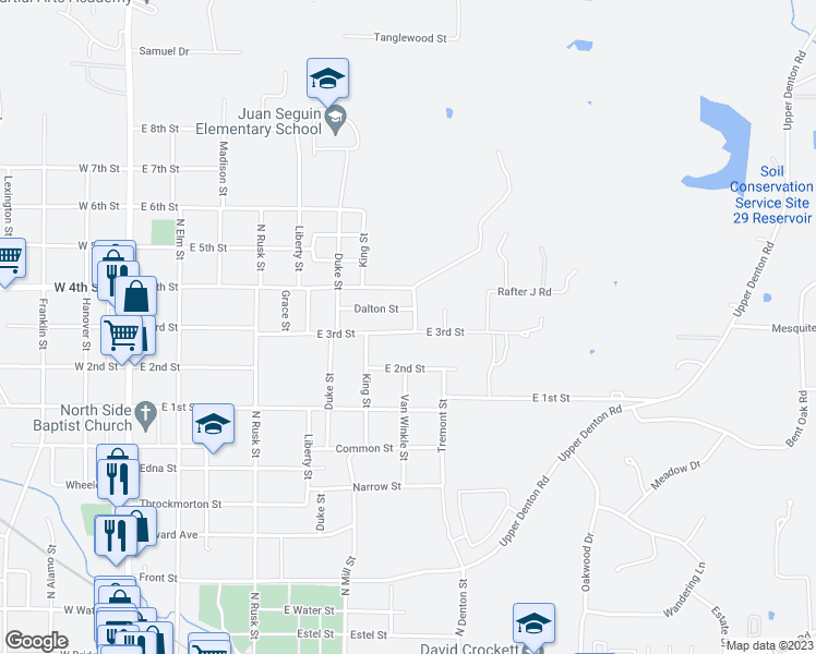 map of restaurants, bars, coffee shops, grocery stores, and more near 712 East 3rd Street in Weatherford