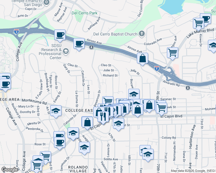 map of restaurants, bars, coffee shops, grocery stores, and more near 5072 67th Street in San Diego