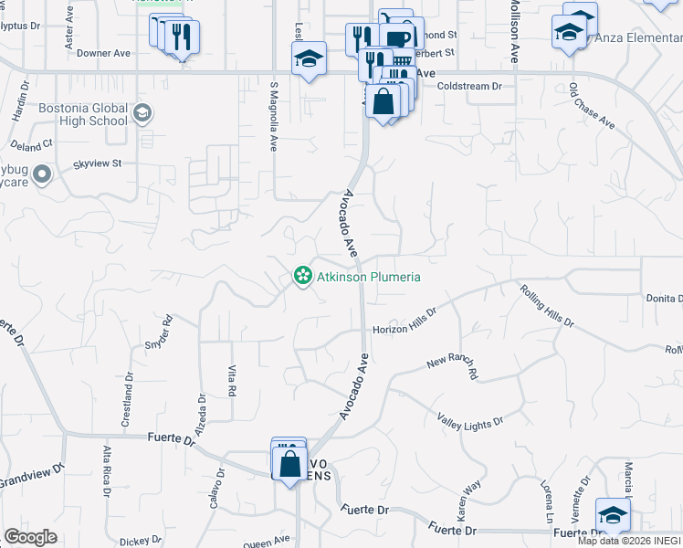 map of restaurants, bars, coffee shops, grocery stores, and more near 1668 Avenida Cherylita in El Cajon