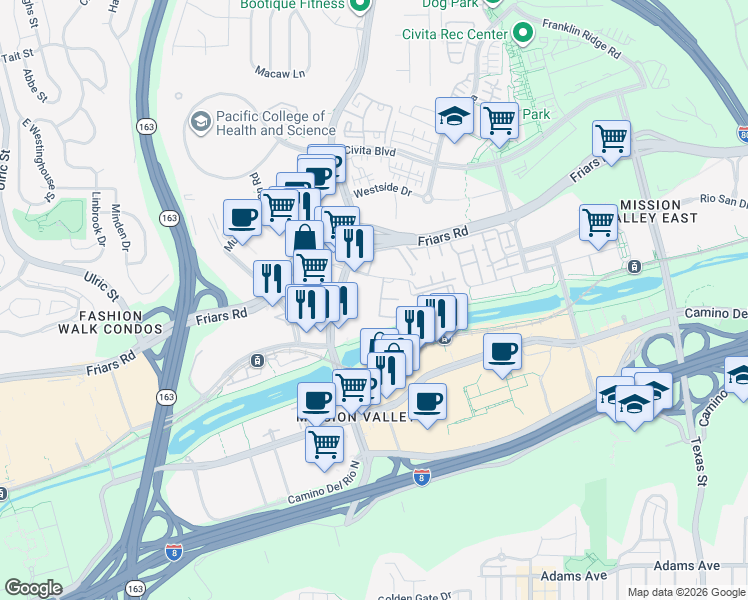 map of restaurants, bars, coffee shops, grocery stores, and more near 7947 Mission Center Court in San Diego