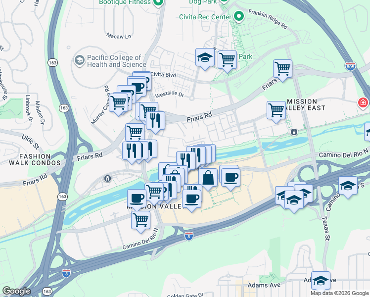 map of restaurants, bars, coffee shops, grocery stores, and more near 8027 Caminito de Pizza in San Diego