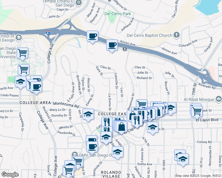 map of restaurants, bars, coffee shops, grocery stores, and more near 5154 Catoctin Drive in San Diego