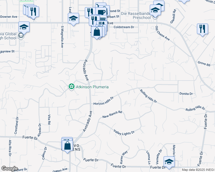 map of restaurants, bars, coffee shops, grocery stores, and more near 10979 Skywood Drive in El Cajon