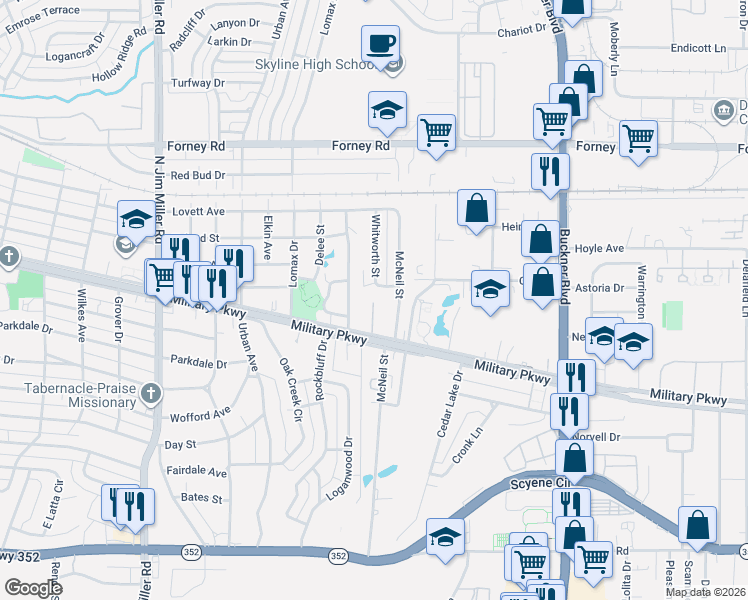 map of restaurants, bars, coffee shops, grocery stores, and more near 7619 Military Parkway in Dallas