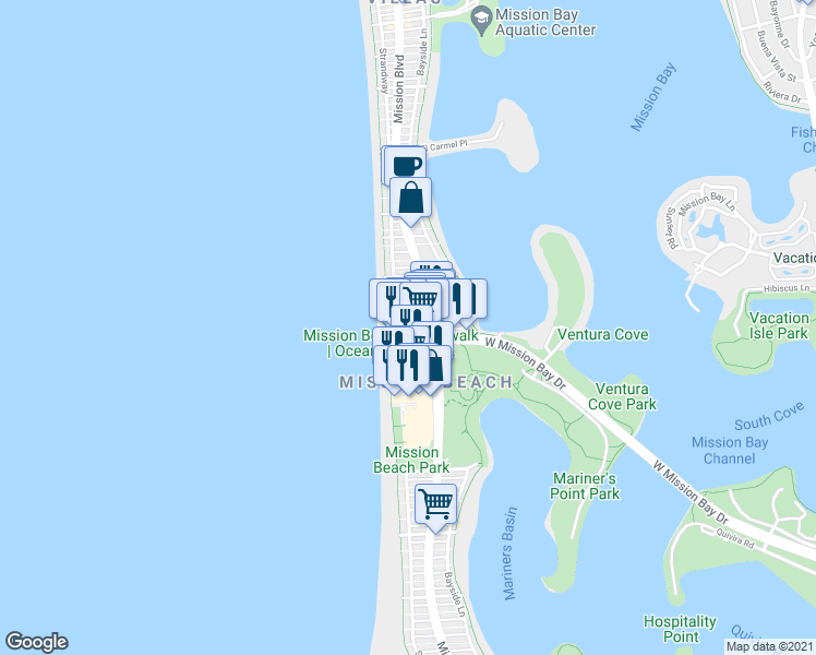 map of restaurants, bars, coffee shops, grocery stores, and more near 729 Island Court in San Diego