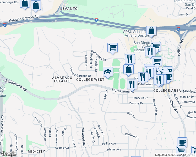 map of restaurants, bars, coffee shops, grocery stores, and more near 5237 Hewlett Drive in San Diego