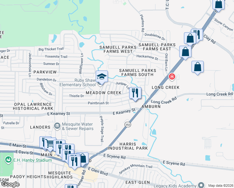 map of restaurants, bars, coffee shops, grocery stores, and more near 600 Windsong in Mesquite