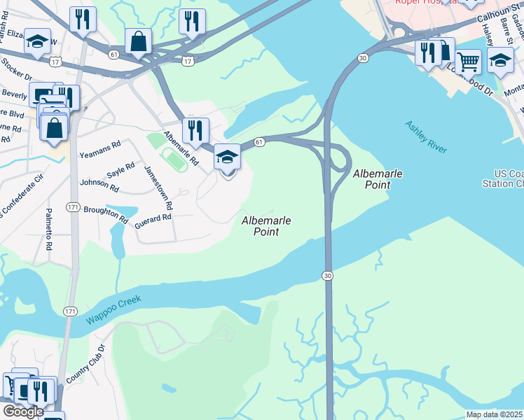 map of restaurants, bars, coffee shops, grocery stores, and more near 4 Albemarle Road in Charleston